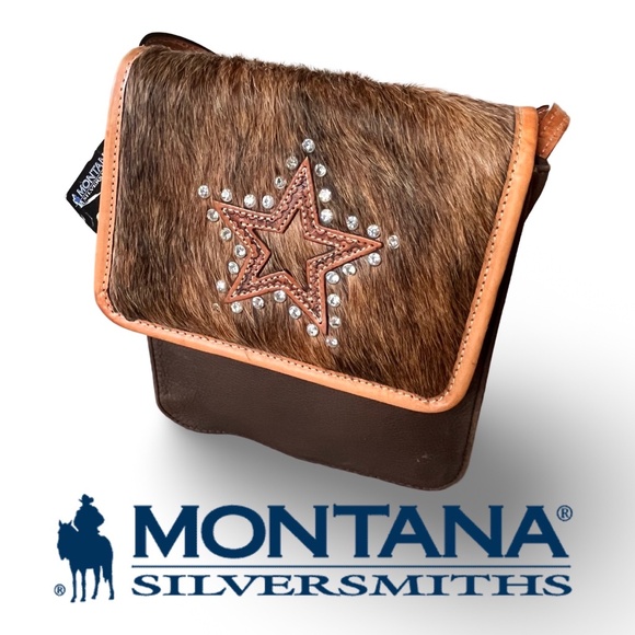 NWT - MONTANA SILVERSMITHS BROWN LEATHER - Hair On star - Picture 1 of 16